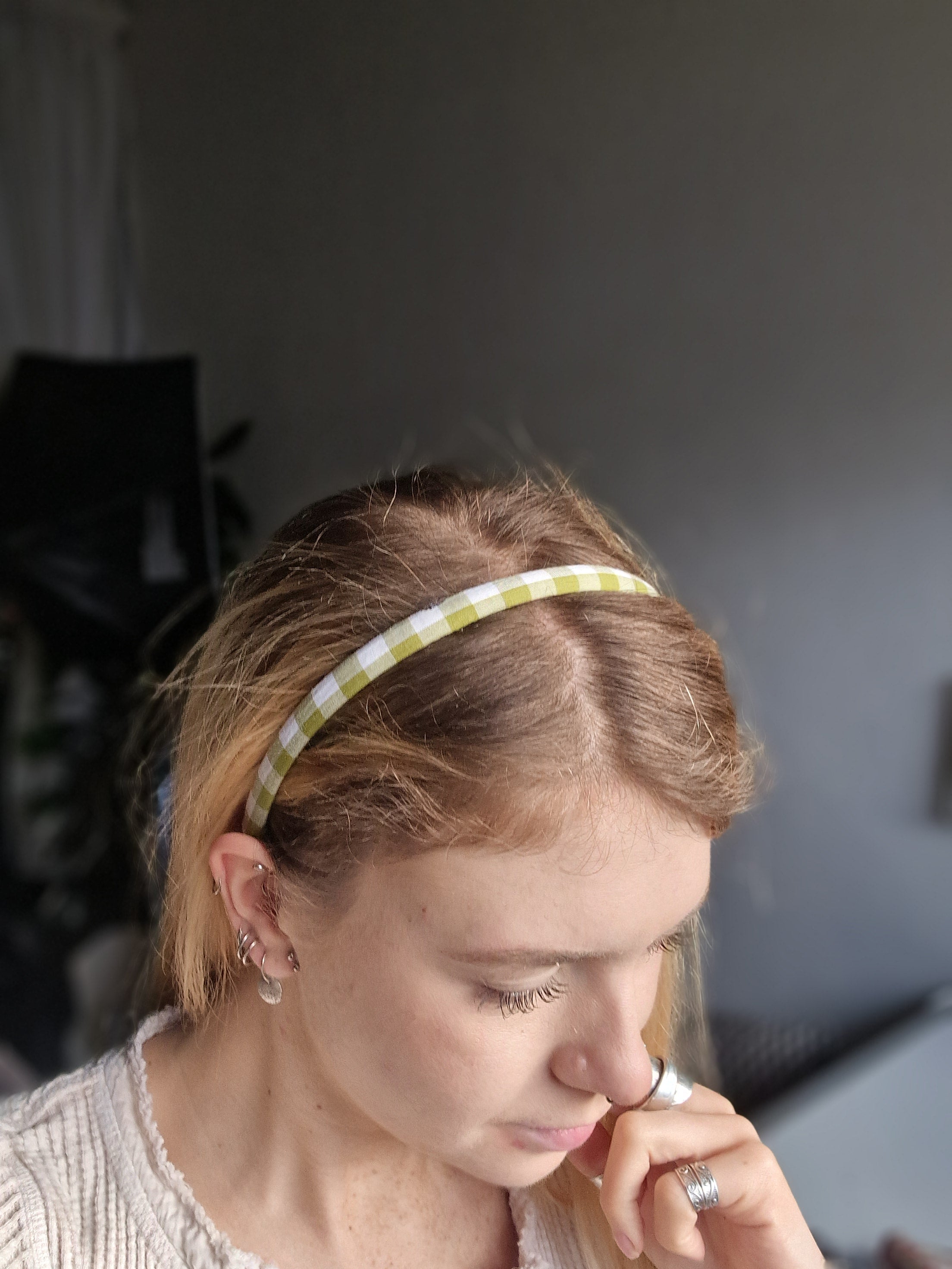 Green Gingham Hard Headband