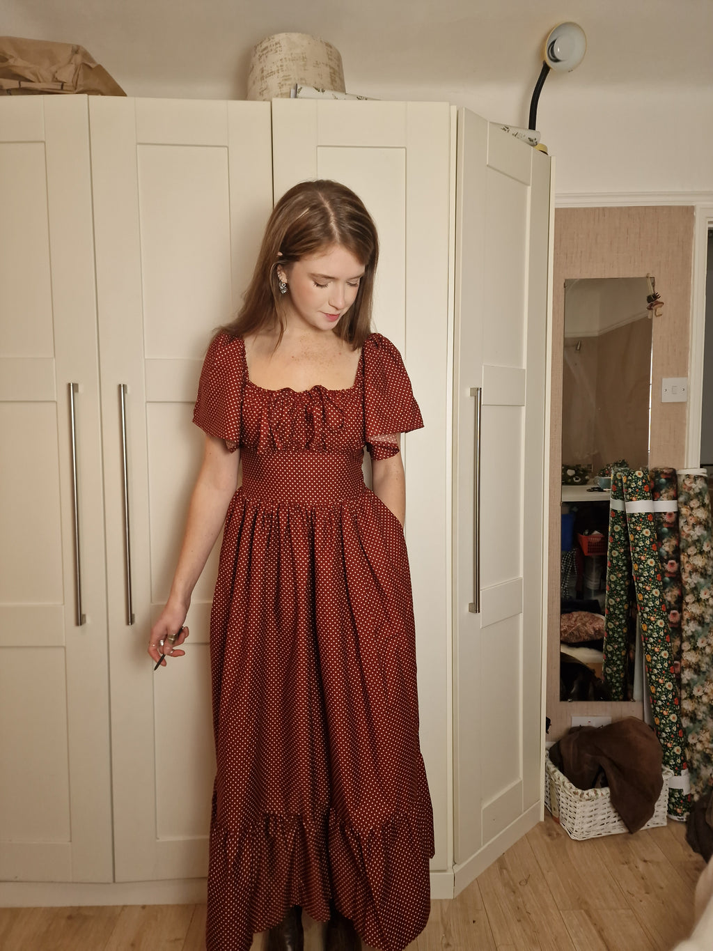 Milkmaid Dress (lace up back, butterfly sleeves, 10" frill, decorative bow)