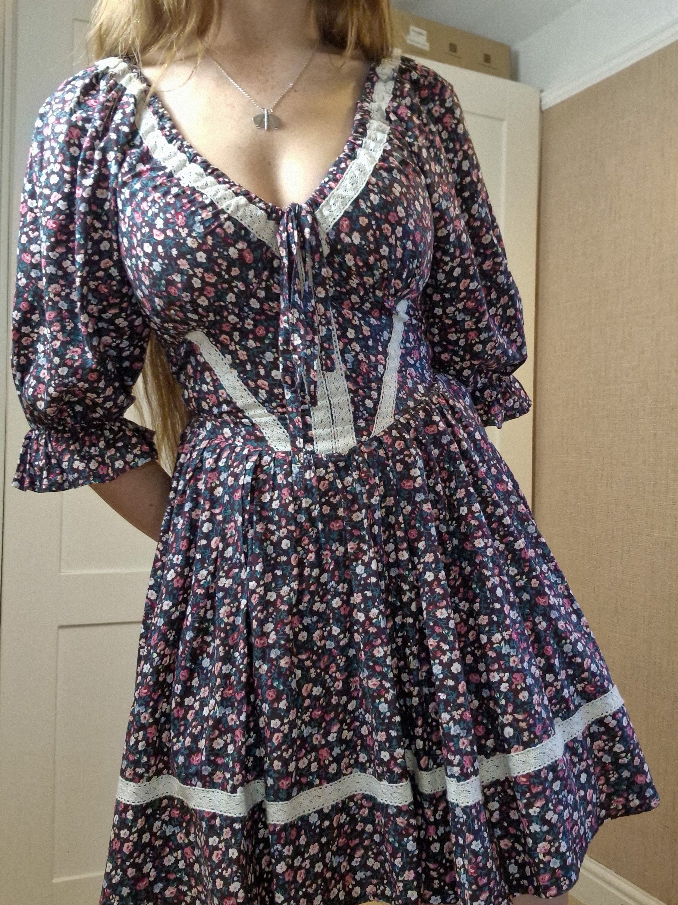 Lace Florence Dress (Functional bust bow, Standard skirt, puff sleeves, Lace neckline, lace corset detail, lace floating hem)