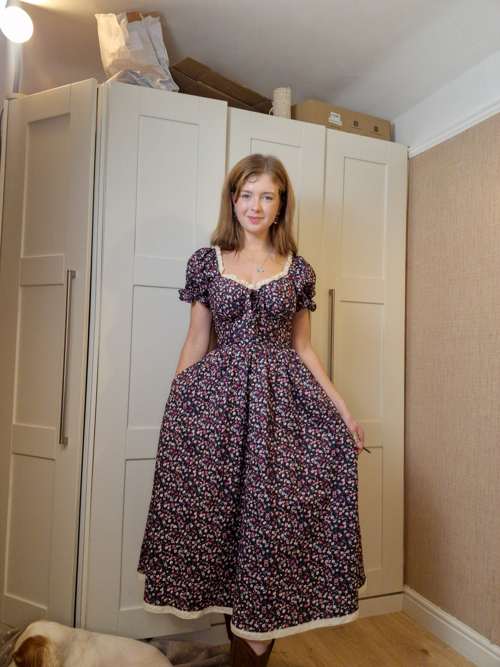 Lace Sweetheart Dress (Lace up back, Puff sleeves, standard skirt, functional bust bow, lace frill neckline & lace skirt hem)