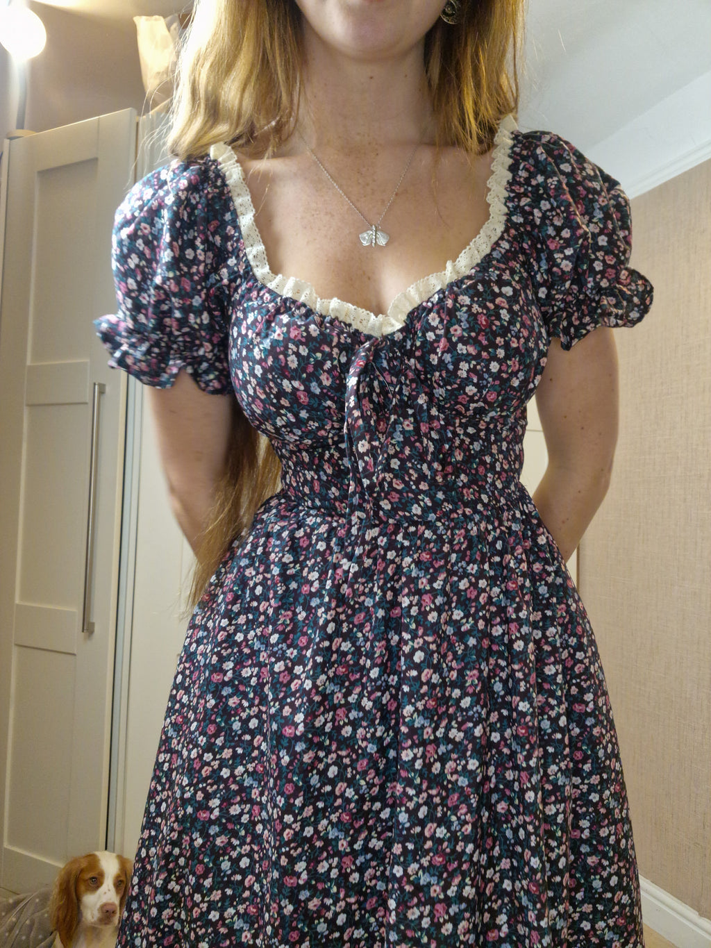 Lace Sweetheart Dress (Lace up back, Puff sleeves, standard skirt, functional bust bow, lace frill neckline & lace skirt hem)