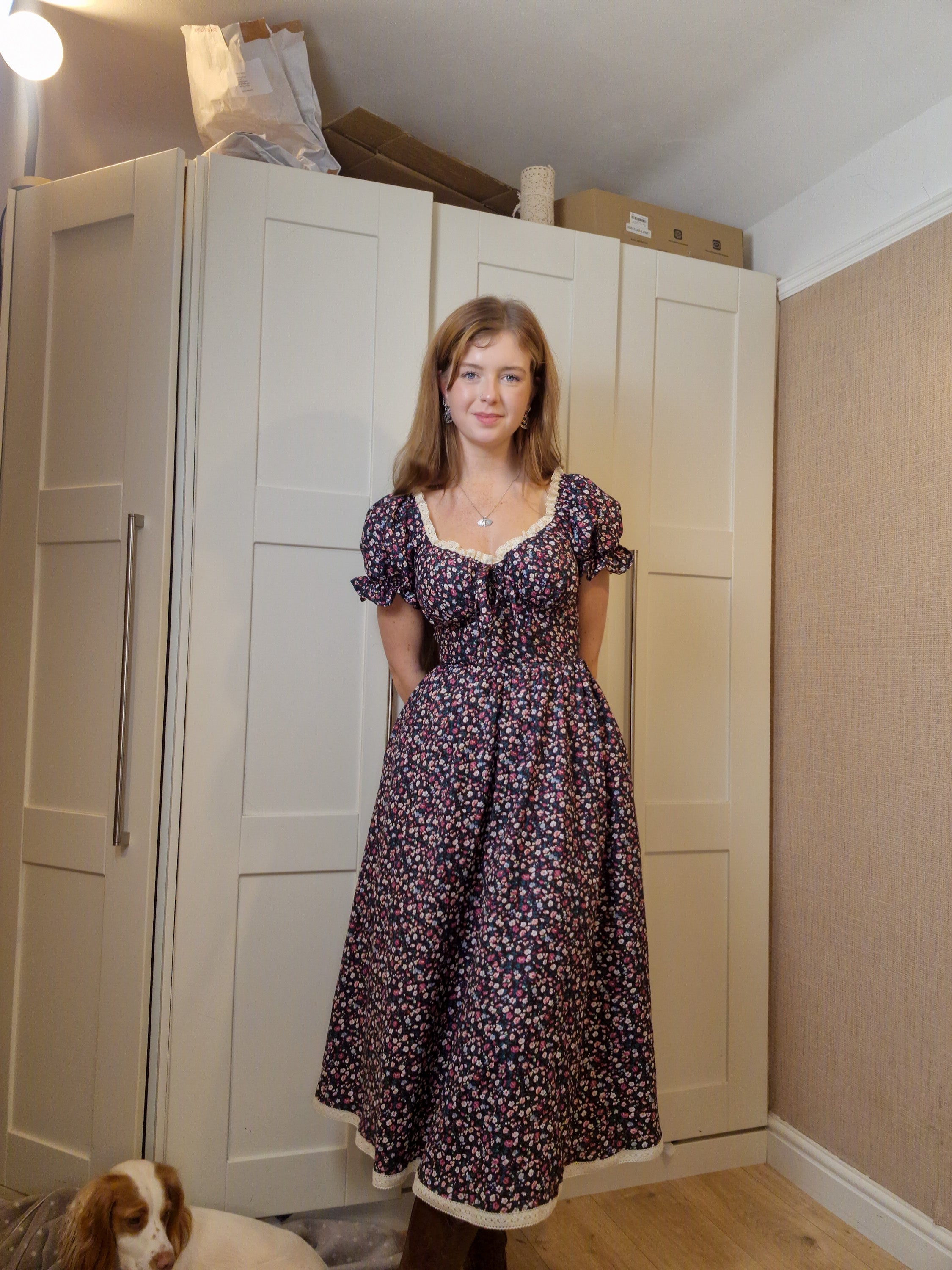 Lace Sweetheart Dress (Lace up back, Puff sleeves, standard skirt, functional bust bow, lace frill neckline & lace skirt hem)