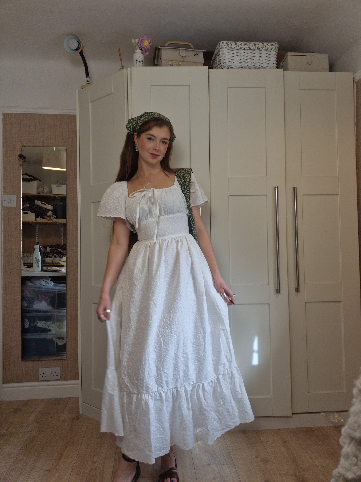 Milkmaid Dress (lace up back, butterfly sleeves, 10" frill, decorative bow)