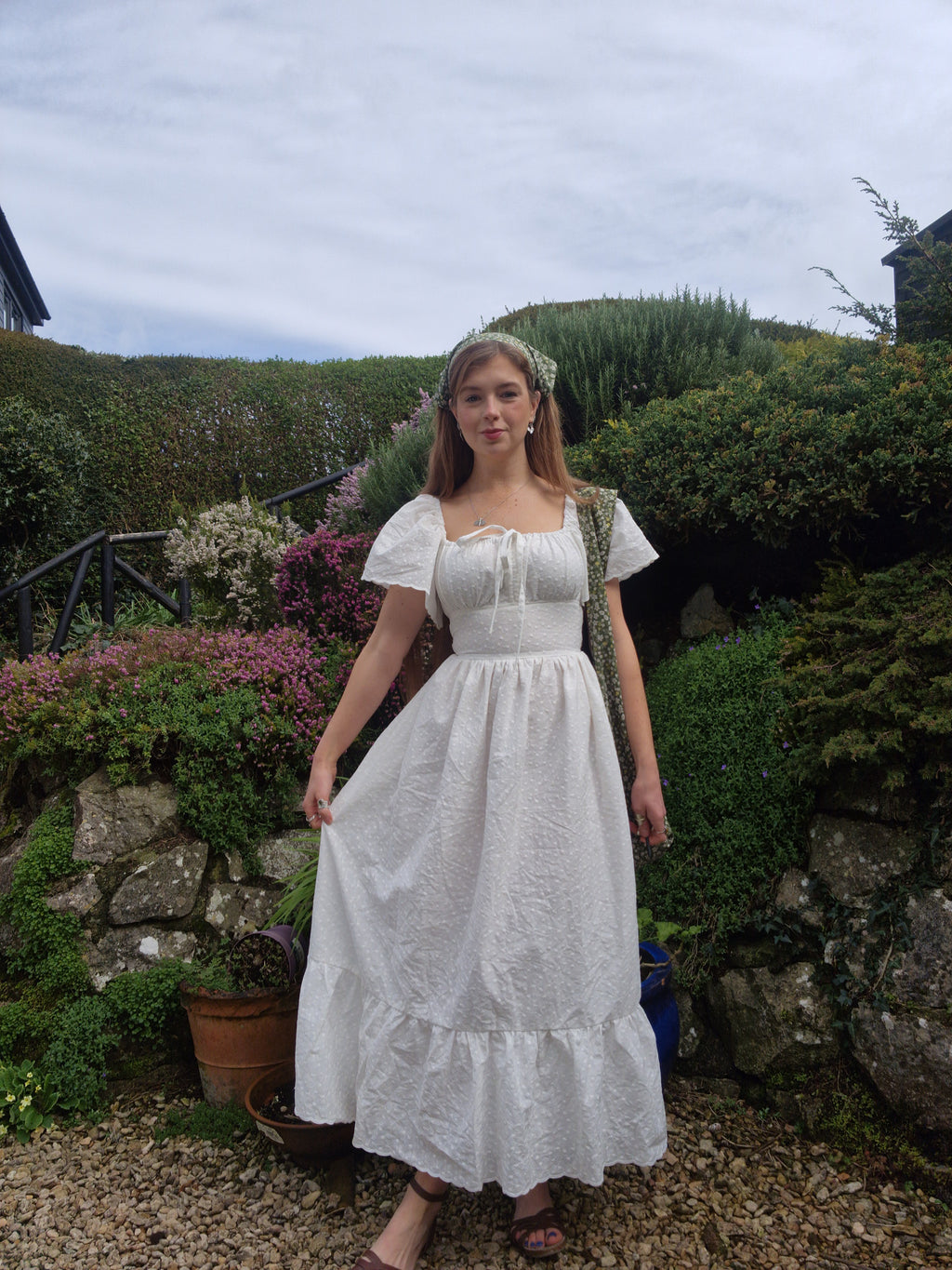 Milkmaid Dress (lace up back, butterfly sleeves, 10" frill, decorative bow)