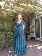 The Florence Dress (v-waist, puff sleeves- slimmed down, extra full skirt +10" frill, functional bust bow)