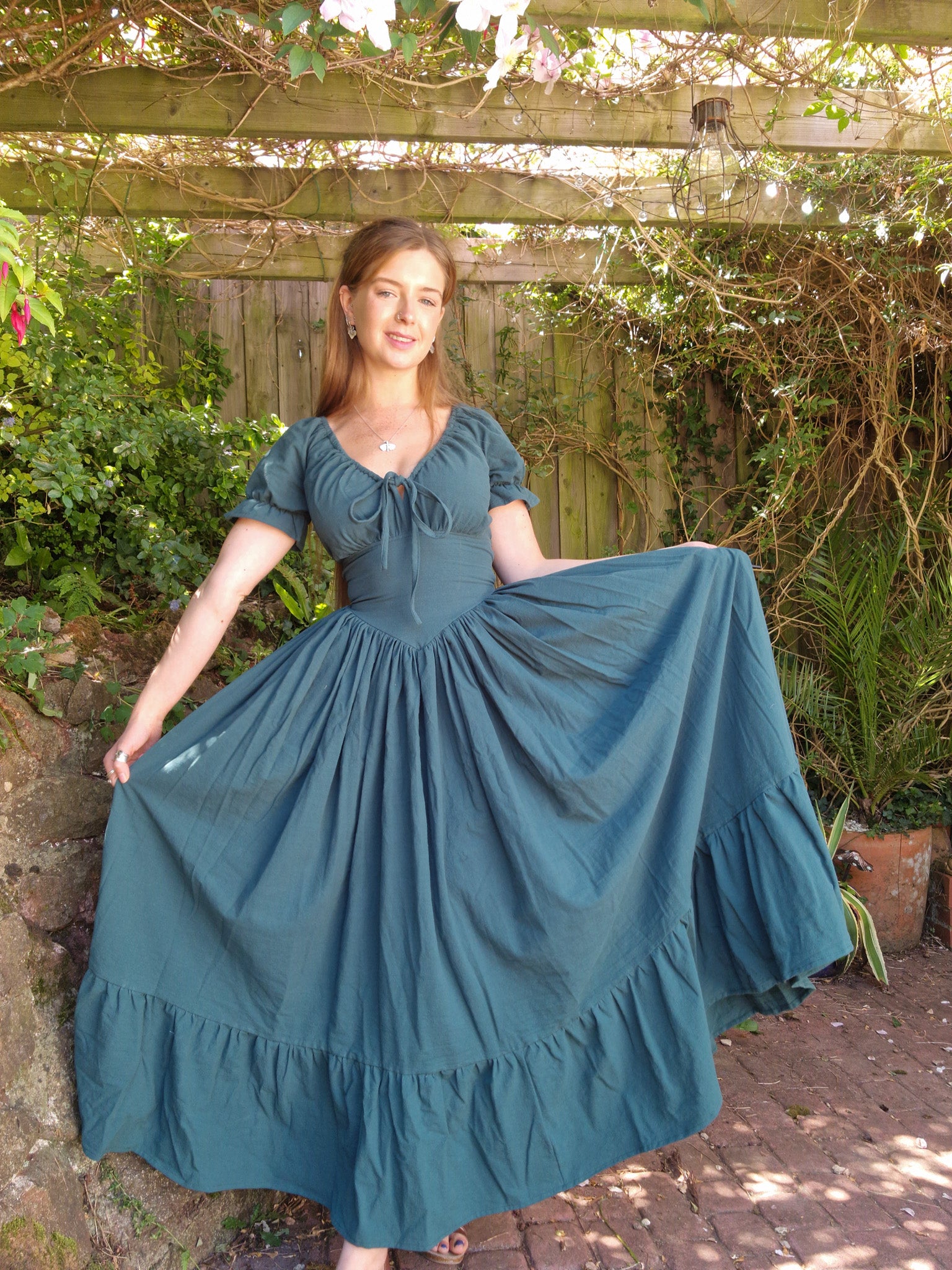 The Florence Dress (v-waist, puff sleeves- slimmed down, extra full skirt +10" frill, functional bust bow)