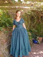 The Florence Dress (v-waist, puff sleeves- slimmed down, extra full skirt +10" frill, functional bust bow)
