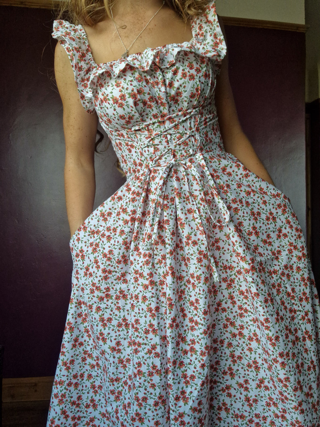 Odette dress (standard skirt, frobt lace, 2" frill sleeves, 2.5" neckline frill)