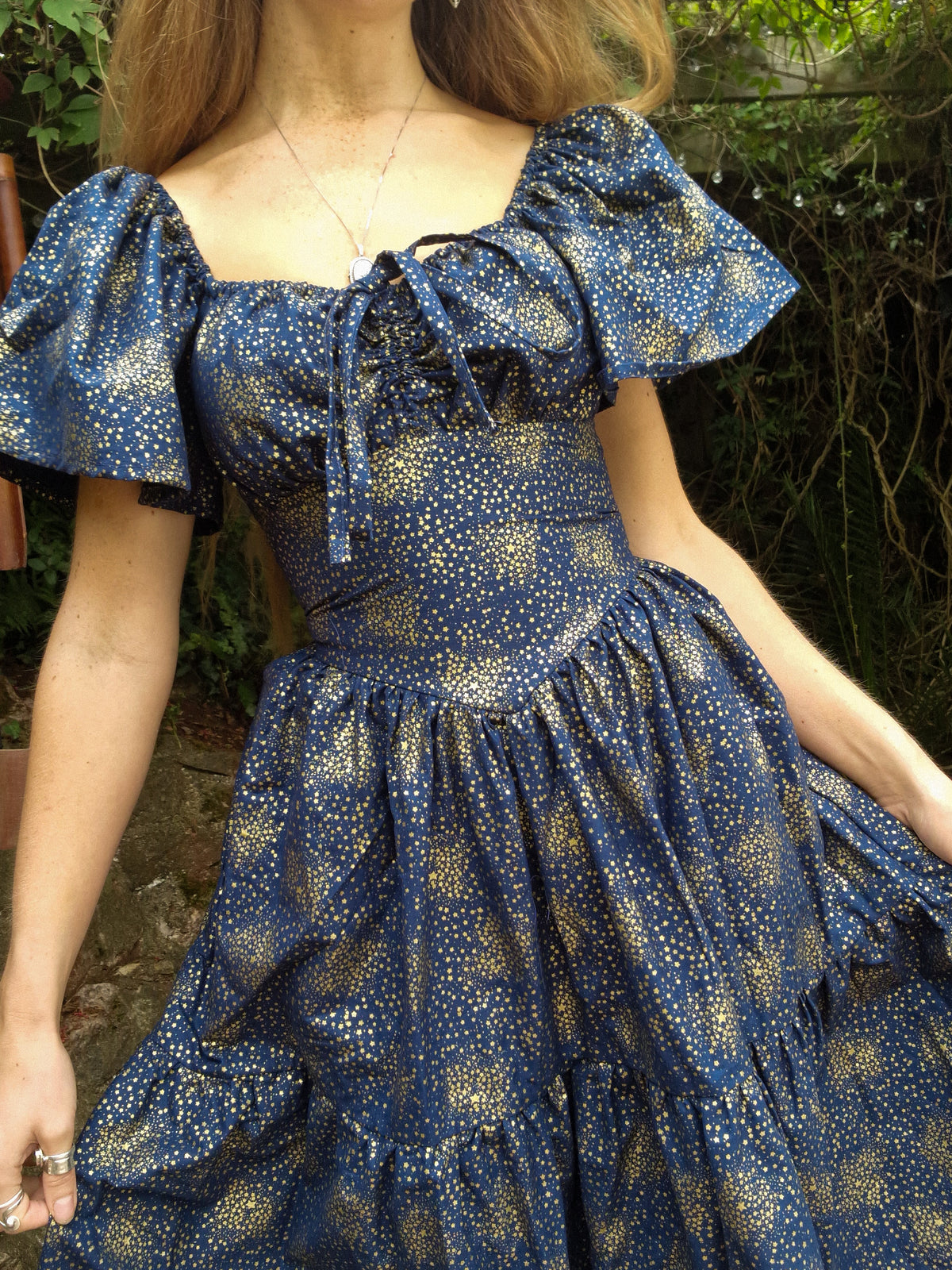 Cassandra Dress - butterfly sleeves, pointed waistband, ruching bust bow, 2 tierd skirt