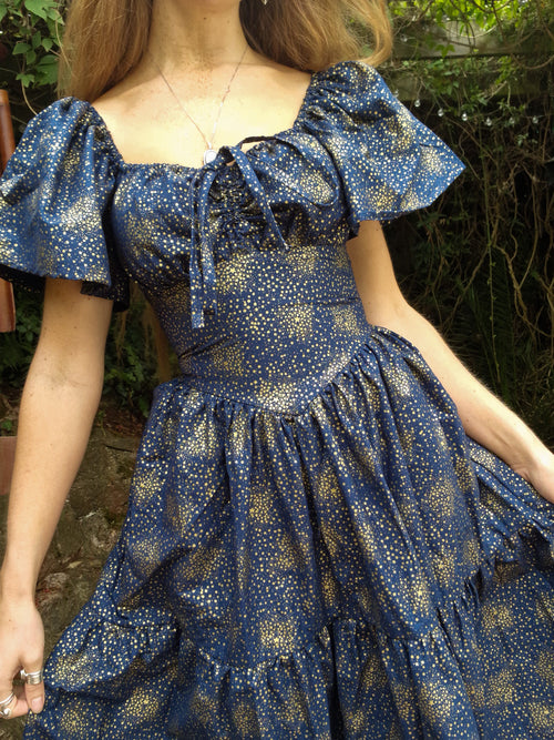 Cassandra Dress - butterfly sleeves, pointed waistband, ruching bust bow, 2 tierd skirt