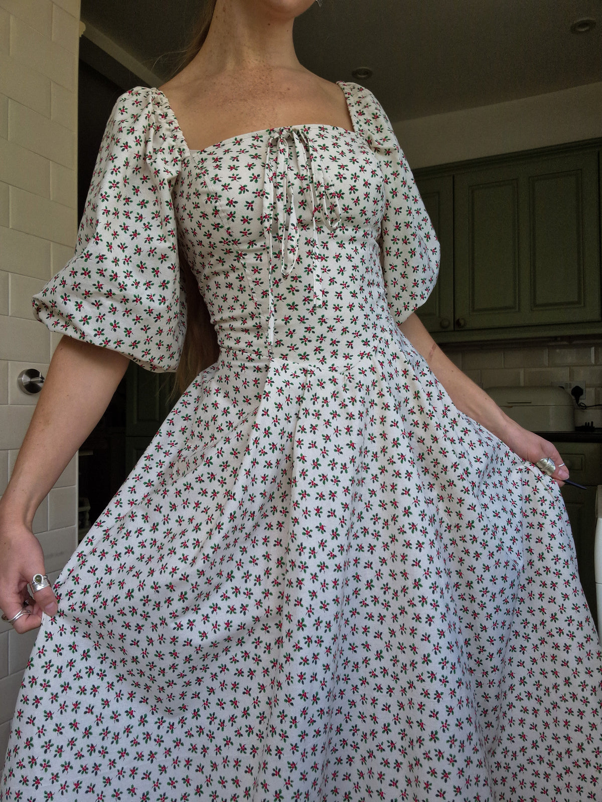 Fable Dress - Pointed waistband, pleated skirt, bishop sleeves, decorative bust bow