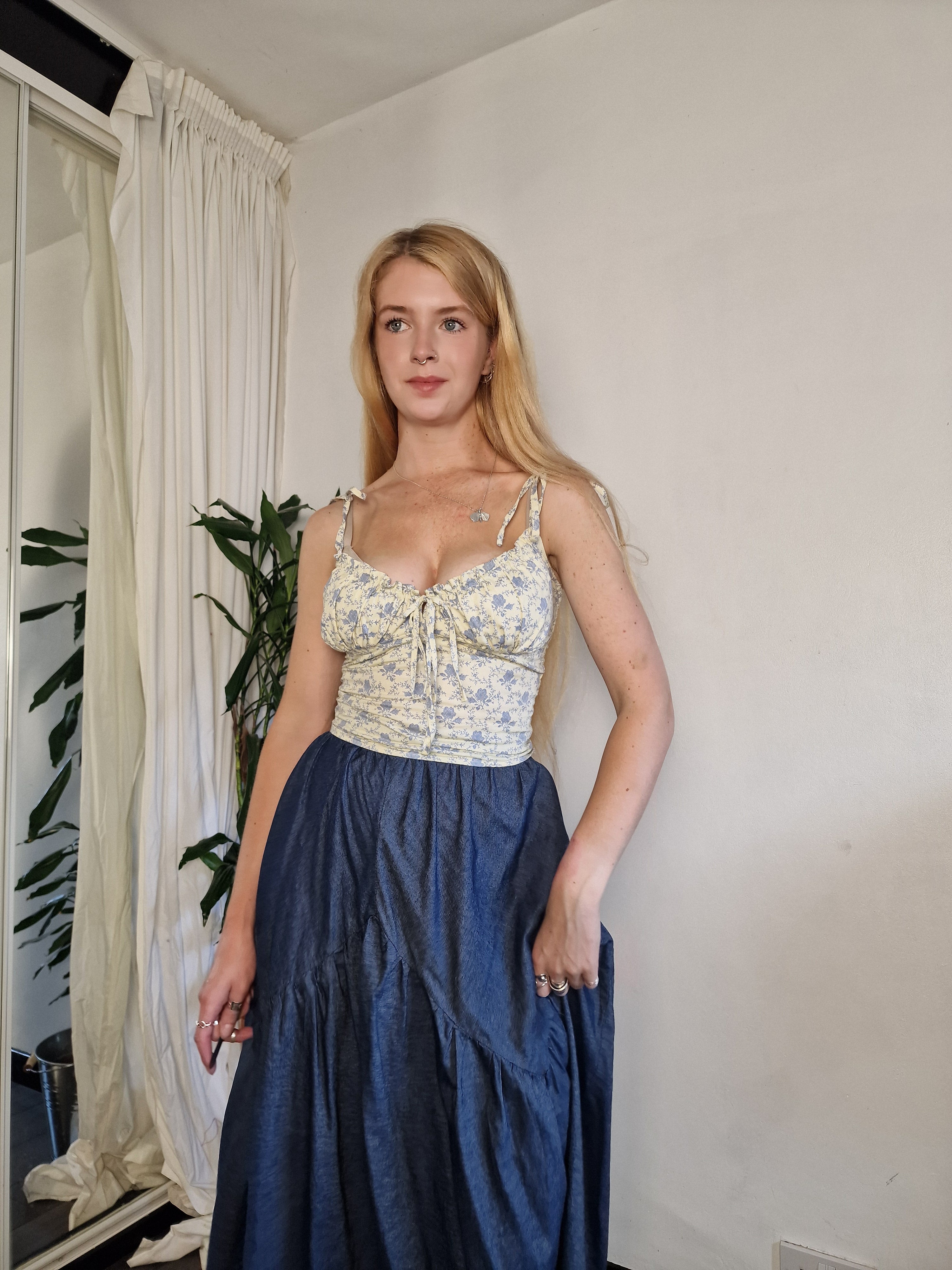 Cami top, cream and blue floral (sample UK 6/8)